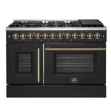 Forno Galiano 48-inch French Door Dual Fuel Range, with Antique Brass Design, 8 Sealed Burners - 107,000 BTU, Griddle, 6.58 cu.ft. Double Ovens