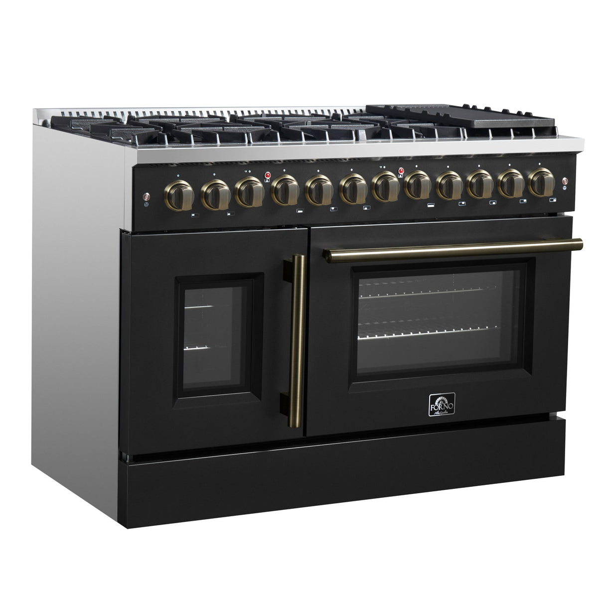 Forno Galiano 48-inch French Door Dual Fuel Range, with Antique Brass Design, 8 Sealed Burners - 107,000 BTU, Griddle, 6.58 cu.ft. Double Ovens