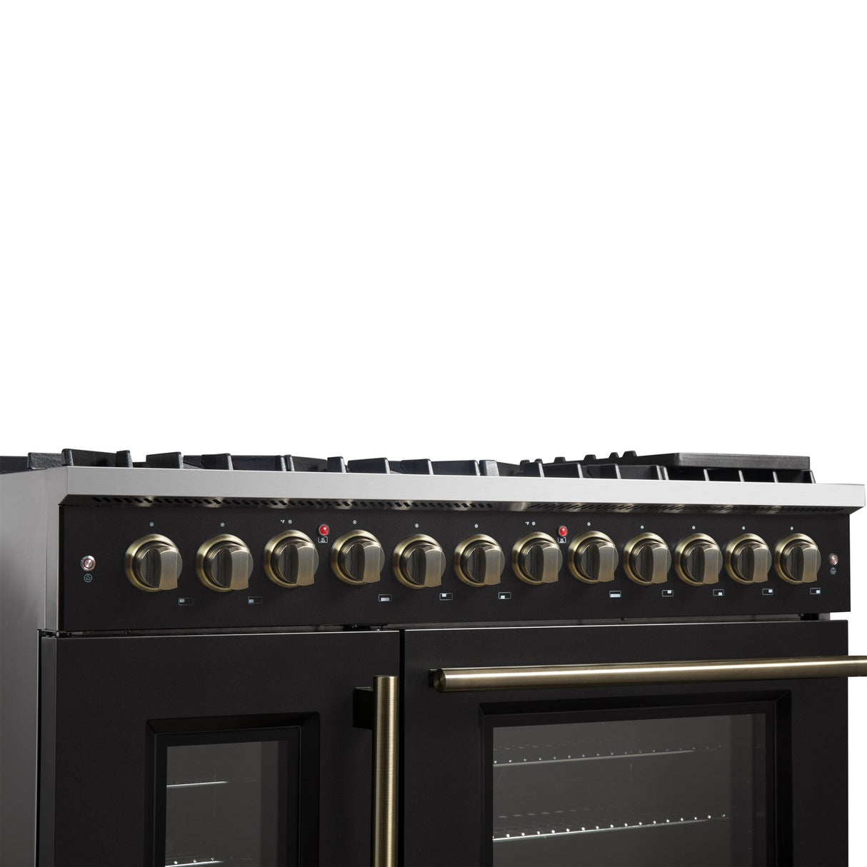 Forno Galiano 48-inch French Door Dual Fuel Range, with Antique Brass Design, 8 Sealed Burners - 107,000 BTU, Griddle, 6.58 cu.ft. Double Ovens