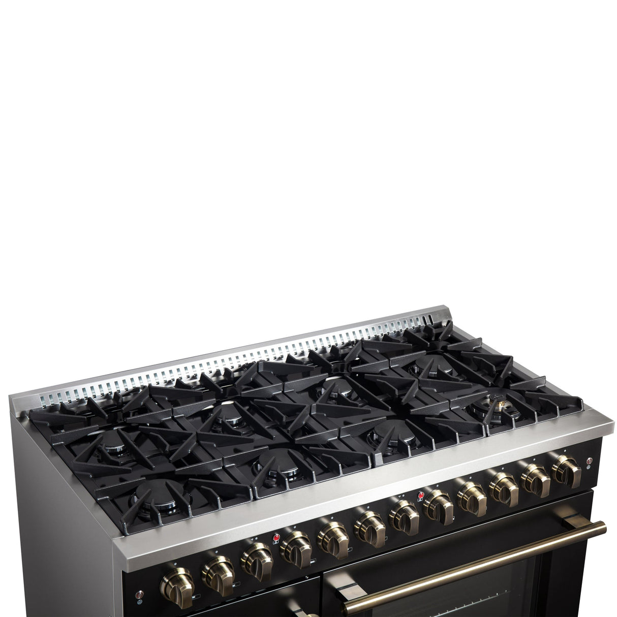 Forno Galiano 48-inch French Door Dual Fuel Range, with Antique Brass Design, 8 Sealed Burners - 107,000 BTU, Griddle, 6.58 cu.ft. Double Ovens