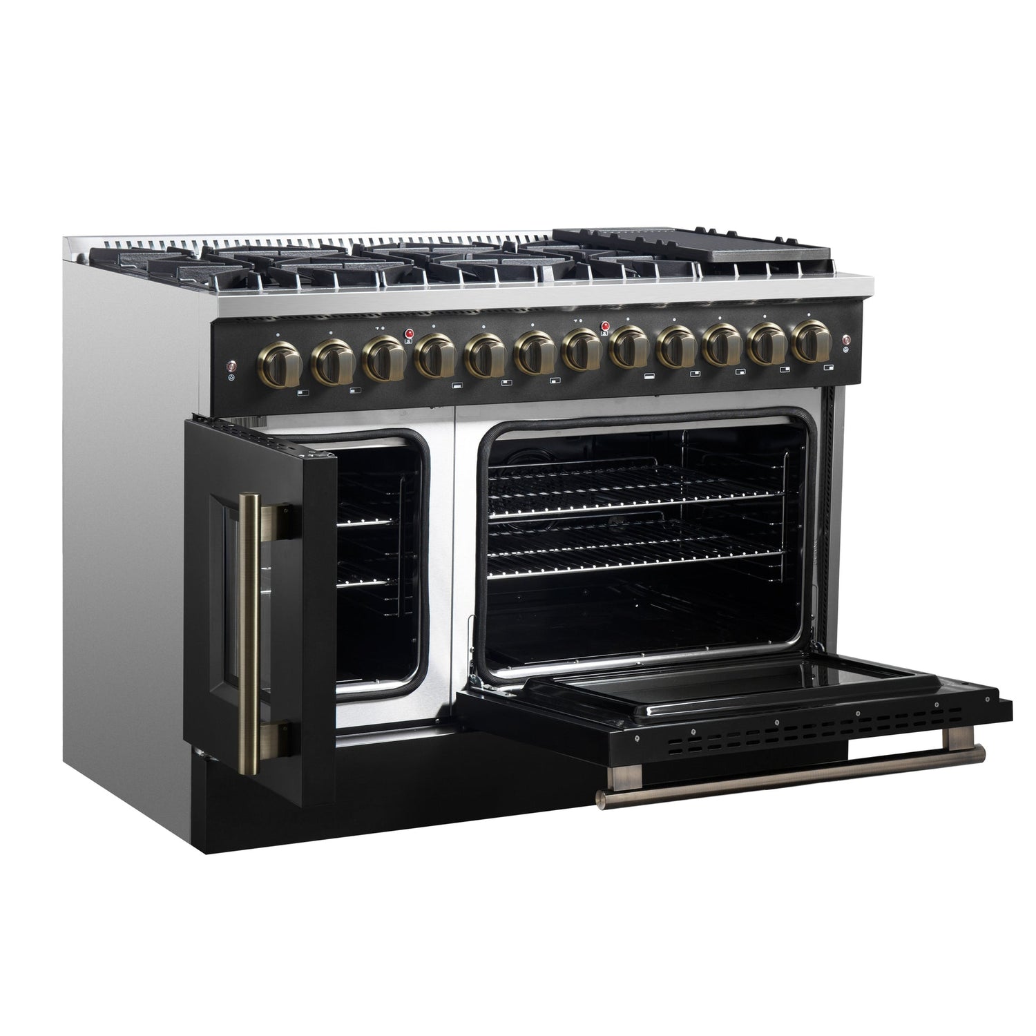 Forno Galiano 48-inch French Door Dual Fuel Range, with Antique Brass Design, 8 Sealed Burners - 107,000 BTU, Griddle, 6.58 cu.ft. Double Ovens