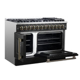 Forno Galiano 48-inch French Door Dual Fuel Range, with Antique Brass Design, 8 Sealed Burners - 107,000 BTU, Griddle, 6.58 cu.ft. Double Ovens