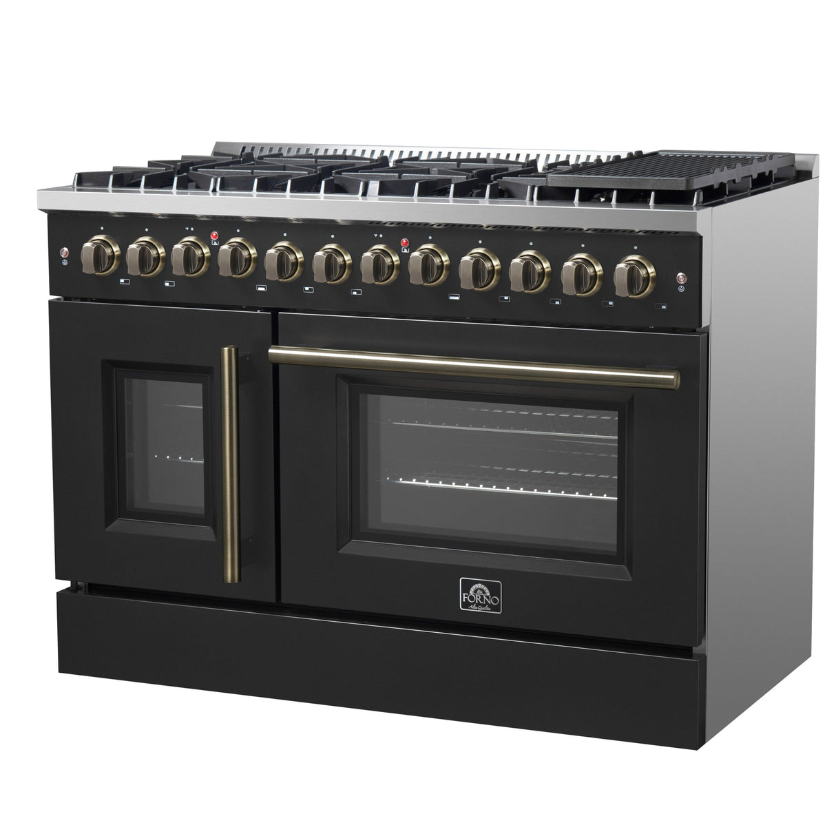 Forno Galiano 48-inch French Door Dual Fuel Range, with Antique Brass Design, 8 Sealed Burners - 107,000 BTU, Griddle, 6.58 cu.ft. Double Ovens