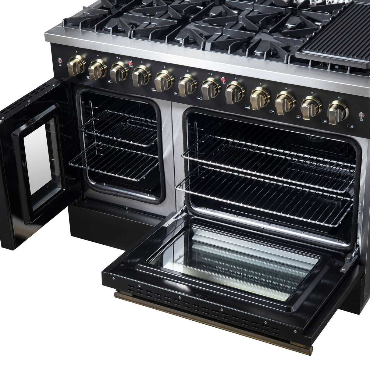 Forno Galiano 48-inch French Door Dual Fuel Range, with Antique Brass Design, 8 Sealed Burners - 107,000 BTU, Griddle, 6.58 cu.ft. Double Ovens