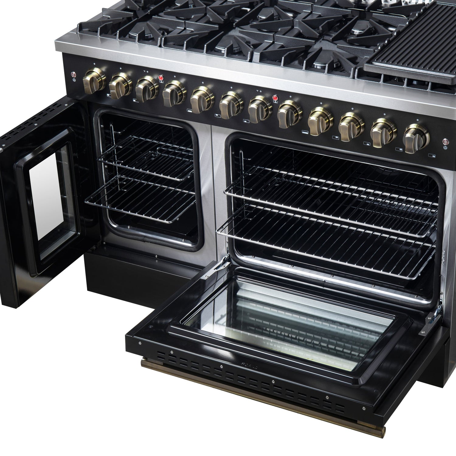 Forno Galiano 48-inch French Door Dual Fuel Range, with Antique Brass Design, 8 Sealed Burners - 107,000 BTU, Griddle, 6.58 cu.ft. Double Ovens