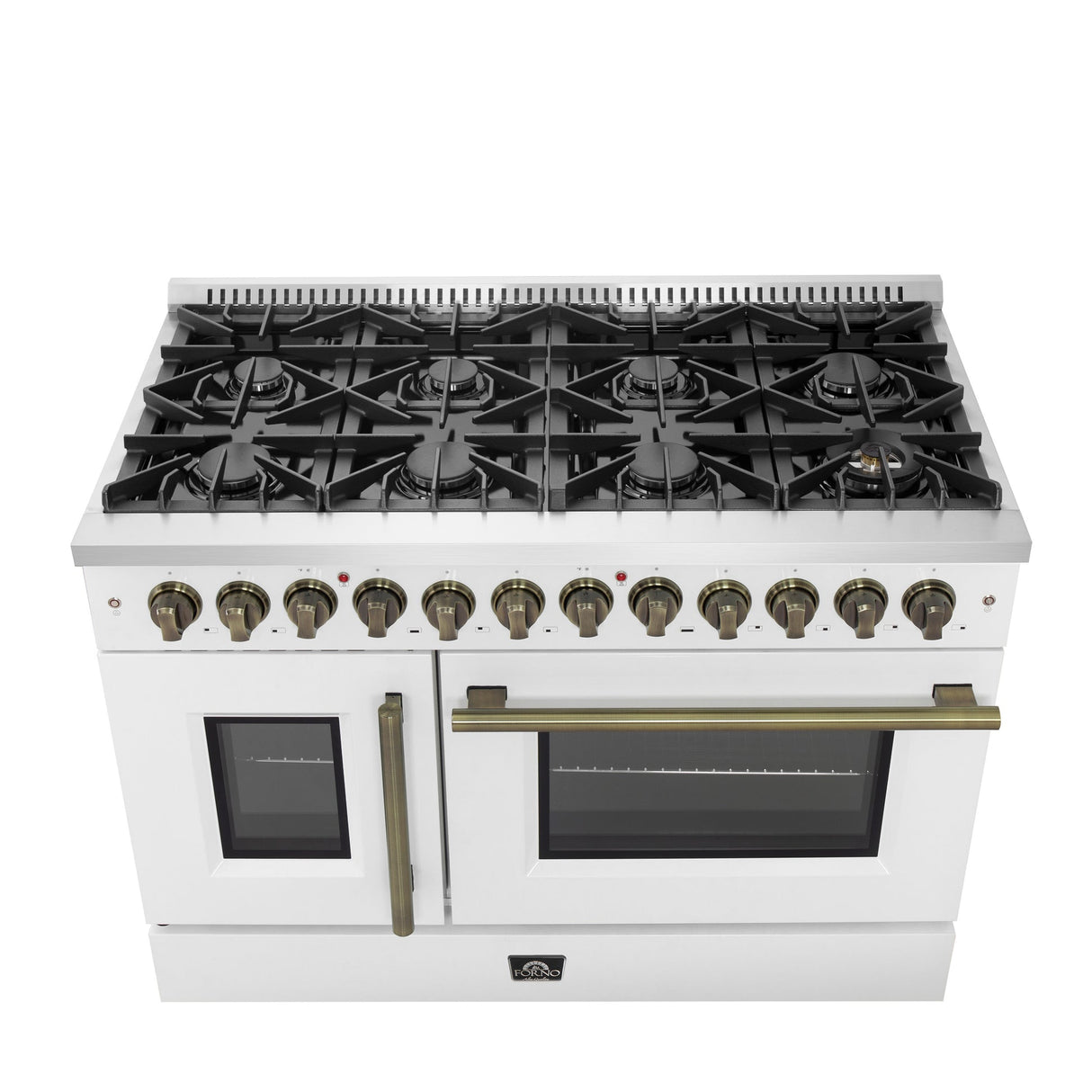 Forno Galiano 48-inch French Door Dual Fuel Range, with Antique Brass Design, 8 Sealed Burners - 107,000 BTU, Griddle, 6.58 cu.ft. Double Ovens