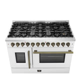 Forno Galiano 48-inch French Door Dual Fuel Range, with Antique Brass Design, 8 Sealed Burners - 107,000 BTU, Griddle, 6.58 cu.ft. Double Ovens
