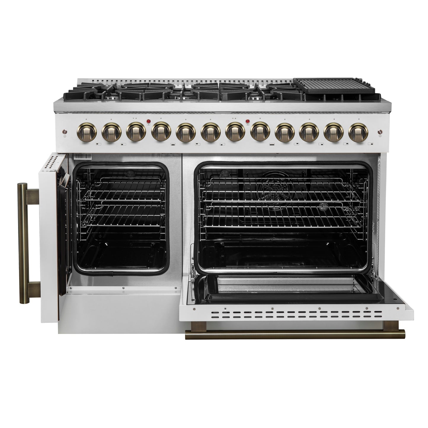 Forno Galiano 48-inch French Door Dual Fuel Range, with Antique Brass Design, 8 Sealed Burners - 107,000 BTU, Griddle, 6.58 cu.ft. Double Ovens