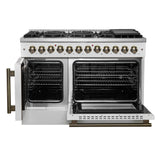 Forno Galiano 48-inch French Door Dual Fuel Range, with Antique Brass Design, 8 Sealed Burners - 107,000 BTU, Griddle, 6.58 cu.ft. Double Ovens