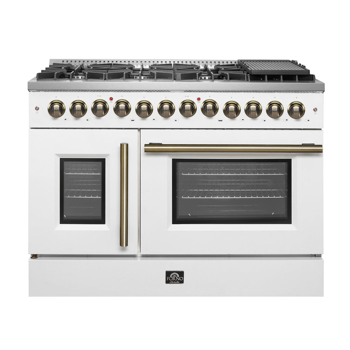 Forno Galiano 48-inch French Door Dual Fuel Range, with Antique Brass Design, 8 Sealed Burners - 107,000 BTU, Griddle, 6.58 cu.ft. Double Ovens