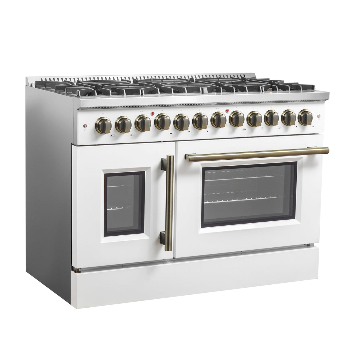 Forno Galiano 48-inch French Door Dual Fuel Range, with Antique Brass Design, 8 Sealed Burners - 107,000 BTU, Griddle, 6.58 cu.ft. Double Ovens