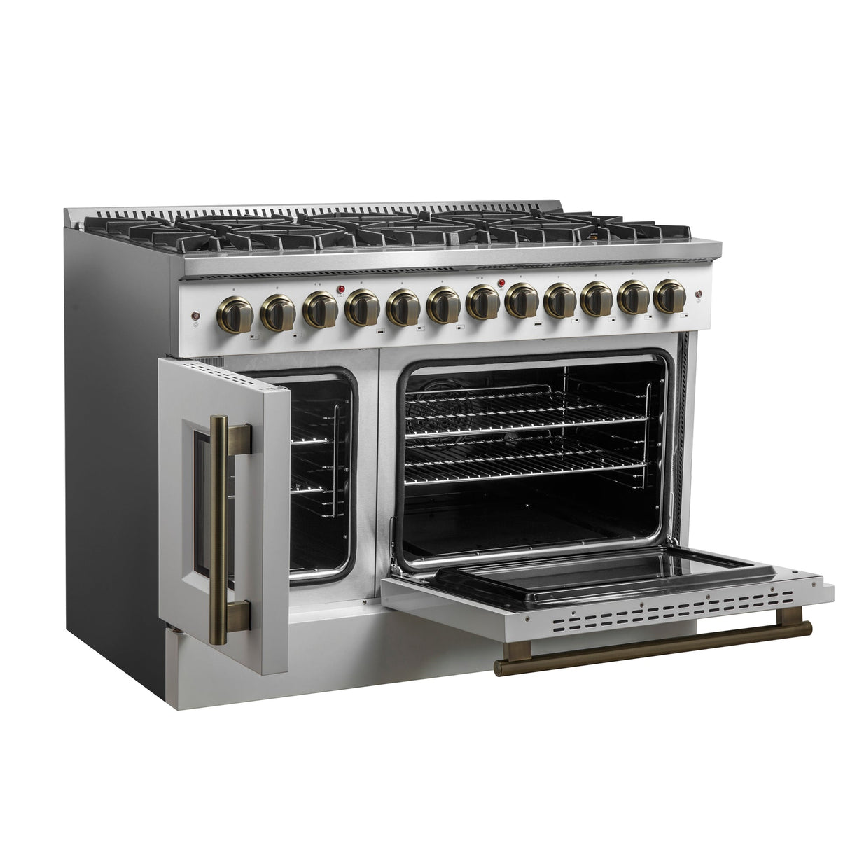 Forno Galiano 48-inch French Door Dual Fuel Range, with Antique Brass Design, 8 Sealed Burners - 107,000 BTU, Griddle, 6.58 cu.ft. Double Ovens