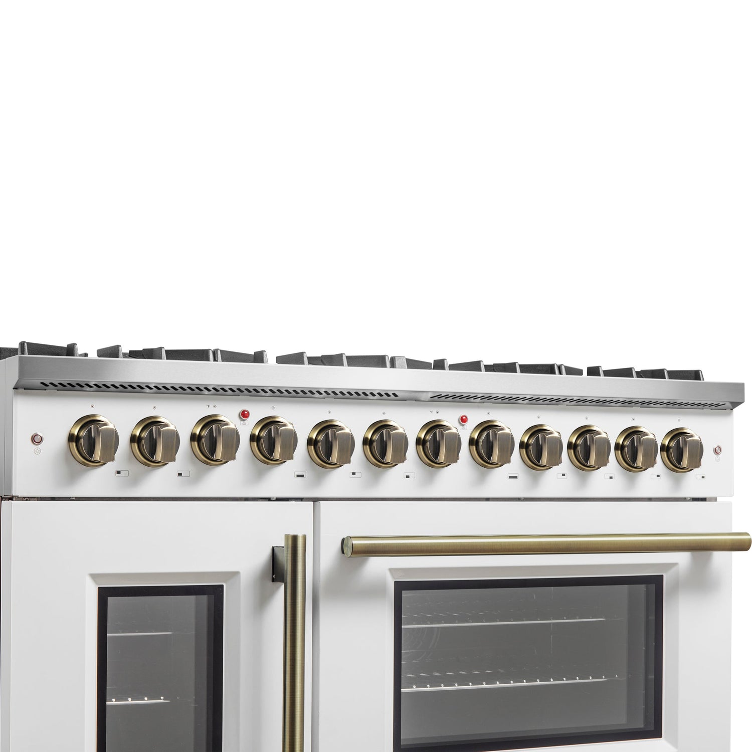 Forno Galiano 48-inch French Door Dual Fuel Range, with Antique Brass Design, 8 Sealed Burners - 107,000 BTU, Griddle, 6.58 cu.ft. Double Ovens