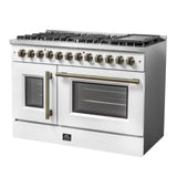 Forno Galiano 48-inch French Door Dual Fuel Range, with Antique Brass Design, 8 Sealed Burners - 107,000 BTU, Griddle, 6.58 cu.ft. Double Ovens