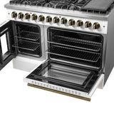 Forno Galiano 48-inch French Door Dual Fuel Range, with Antique Brass Design, 8 Sealed Burners - 107,000 BTU, Griddle, 6.58 cu.ft. Double Ovens