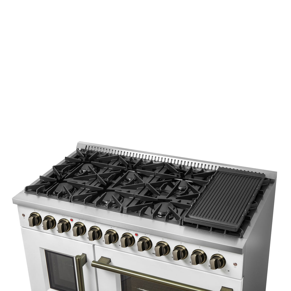 Forno Galiano 48-inch French Door Dual Fuel Range, with Antique Brass Design, 8 Sealed Burners - 107,000 BTU, Griddle, 6.58 cu.ft. Double Ovens