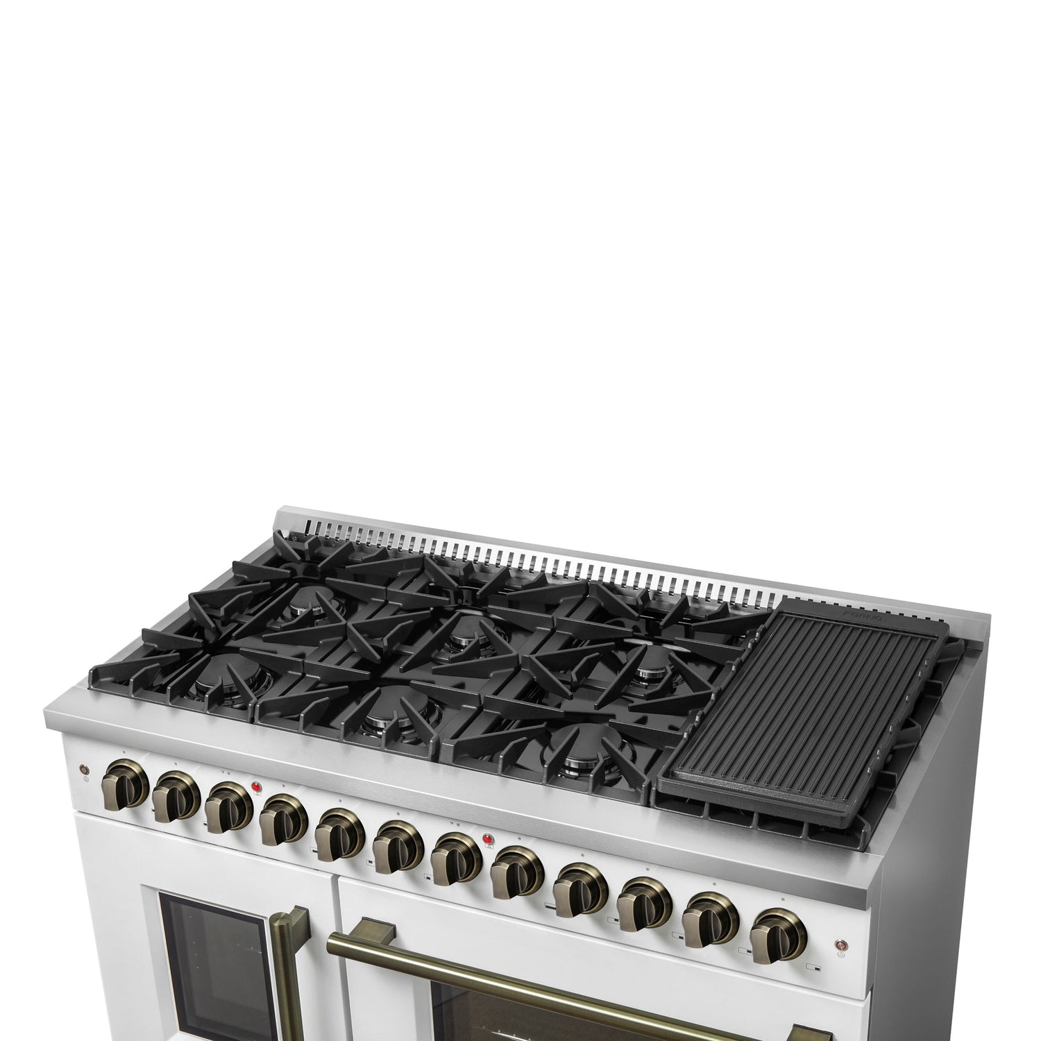 Forno Galiano 48-inch French Door Dual Fuel Range, with Antique Brass Design, 8 Sealed Burners - 107,000 BTU, Griddle, 6.58 cu.ft. Double Ovens