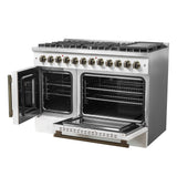 Forno Galiano 48-inch French Door Dual Fuel Range, with Antique Brass Design, 8 Sealed Burners - 107,000 BTU, Griddle, 6.58 cu.ft. Double Ovens