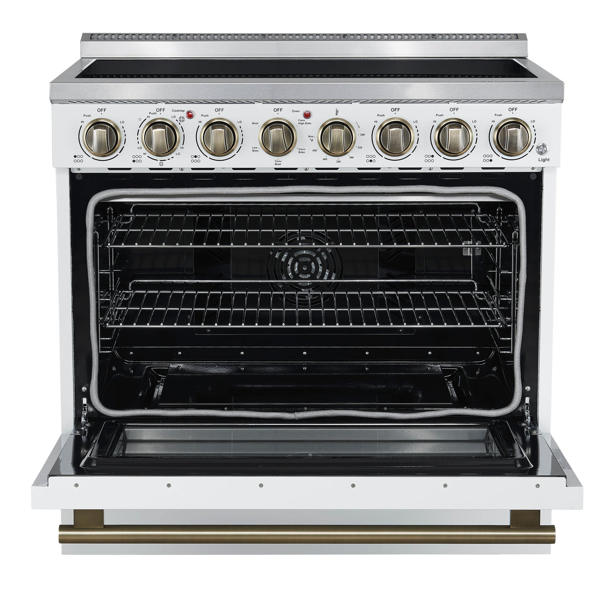 Forno Paolo Freestanding Electric Range with Antique Brass, True Convection Oven, Energy Efficient