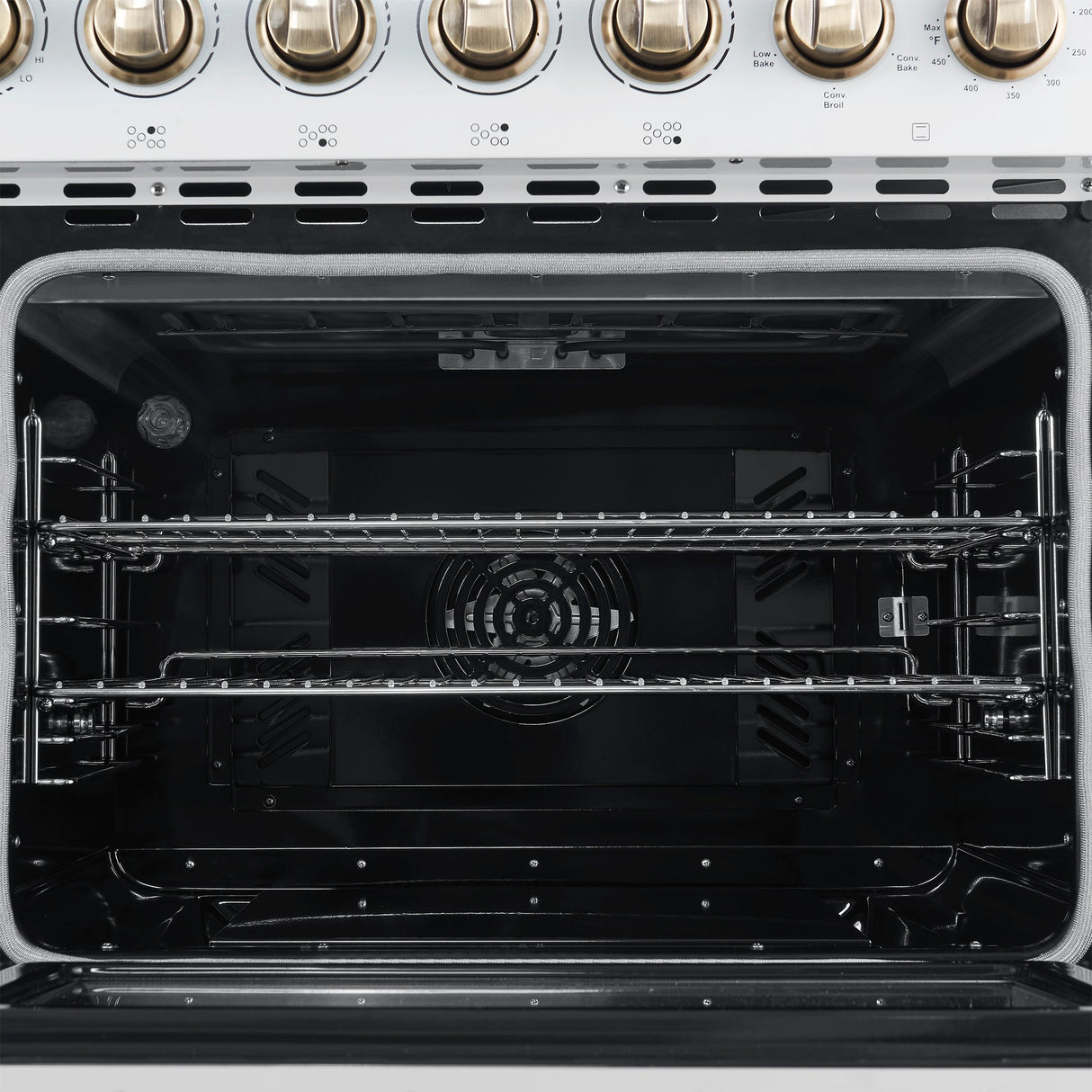 Forno Paolo Freestanding Electric Range with Antique Brass, True Convection Oven, Energy Efficient