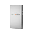 The Enphase IQ 5P Battery w/Cover Kit by Enphase Energy is a sleek, rectangular AC-coupled storage system with a silver finish that can be mounted on a wall. It includes a small circular indicator light and prominently displays the Enphase logo in orange and gray on its front.