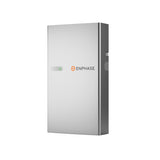 The Enphase IQ 5P Battery w/Cover Kit by Enphase Energy is a sleek, rectangular AC-coupled storage system with a silver finish that can be mounted on a wall. It includes a small circular indicator light and prominently displays the Enphase logo in orange and gray on its front.