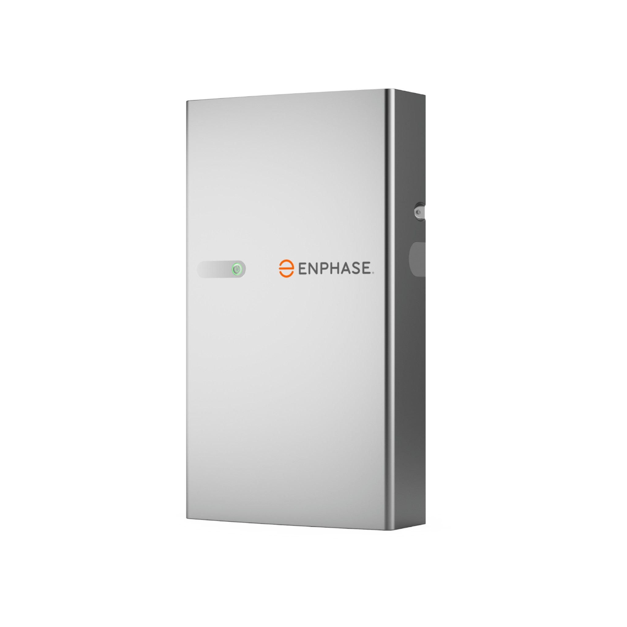 The Enphase IQ 5P Battery w/Cover Kit by Enphase Energy is a sleek, rectangular AC-coupled storage system with a silver finish that can be mounted on a wall. It includes a small circular indicator light and prominently displays the Enphase logo in orange and gray on its front.