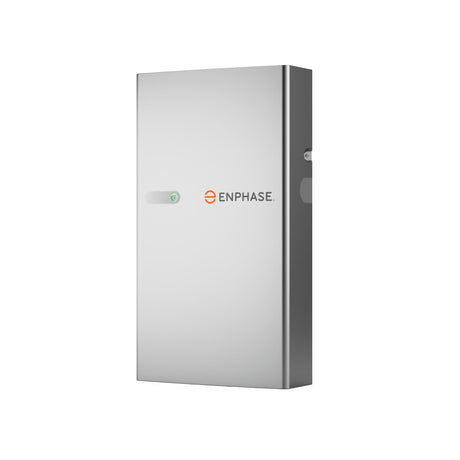 The Enphase IQ 5P Battery w/Cover Kit by Enphase Energy is a sleek, rectangular AC-coupled storage system with a silver finish that can be mounted on a wall. It includes a small circular indicator light and prominently displays the Enphase logo in orange and gray on its front.