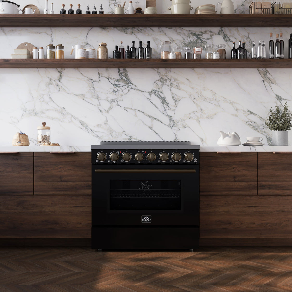 Forno Paolo Freestanding Electric Range with Antique Brass, True Convection Oven, Energy Efficient