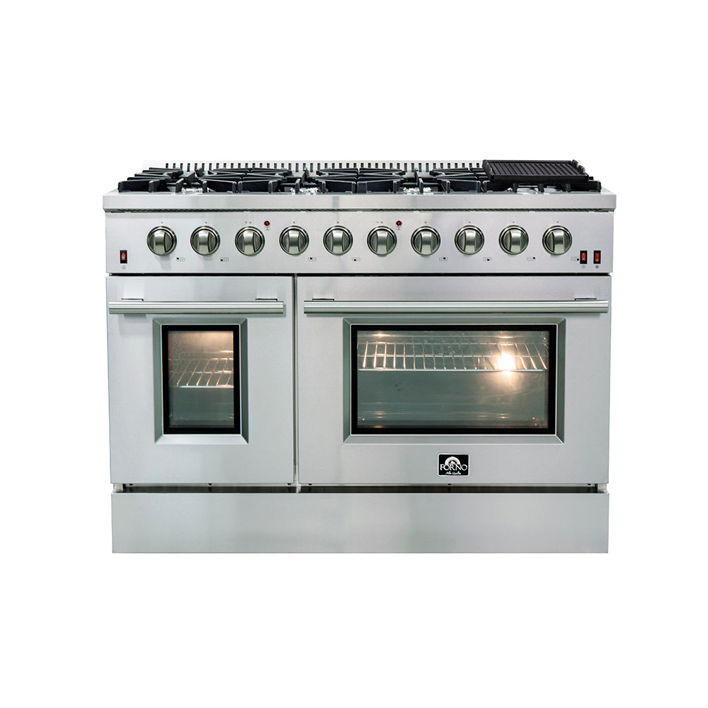 Forno Galiano 48-Inch Freestanding Gas Range, Stainless Steel, 8 Burners, 107,000 BTU, Double Ovens