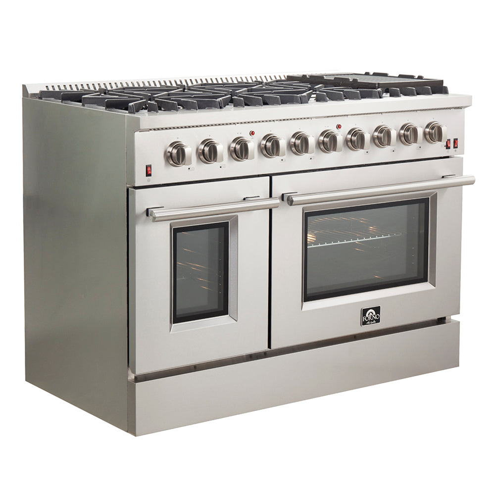 Forno Galiano 48-Inch Freestanding Gas Range, Stainless Steel, 8 Burners, 107,000 BTU, Double Ovens