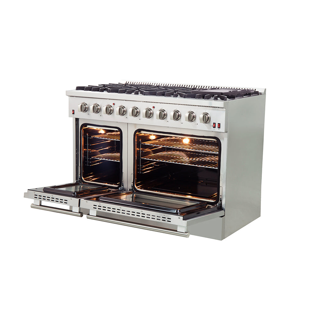 Forno Galiano 48-Inch Freestanding Gas Range, Stainless Steel, 8 Burners, 107,000 BTU, Double Ovens