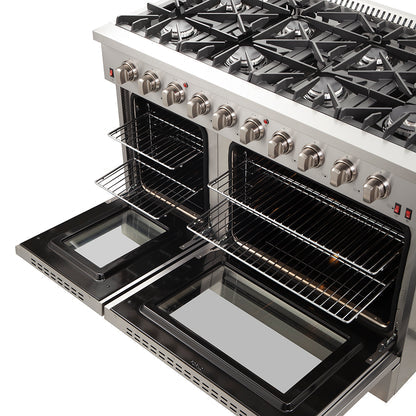 Forno Galiano 48-Inch Freestanding Gas Range, Stainless Steel, 8 Burners, 107,000 BTU, Double Ovens