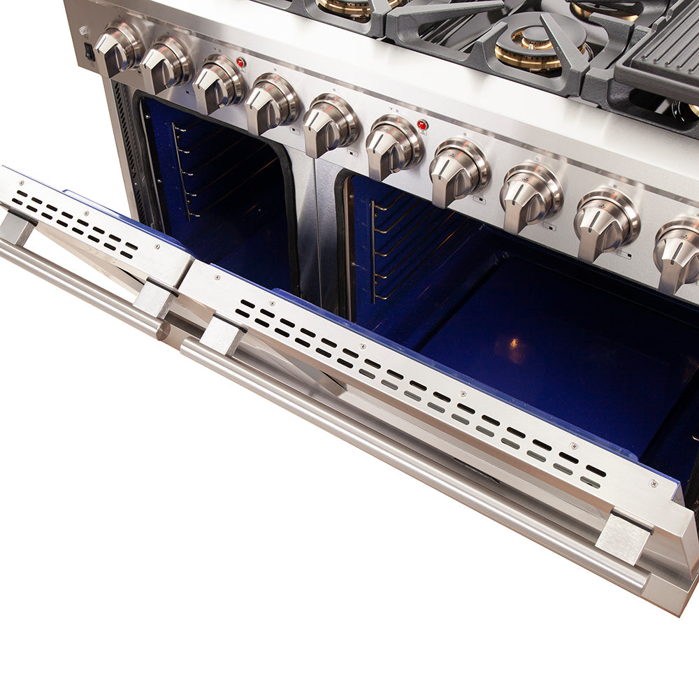 Forno Capriasca 48-inch Gas Range Stainless Steel, 8 Brass Burners, 6.58 cu.ft. Double Oven