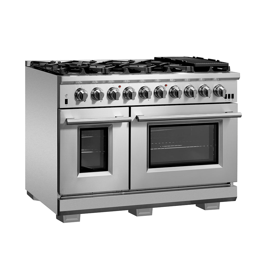 Forno Capriasca 48-inch Gas Range Stainless Steel, 8 Brass Burners, 6.58 cu.ft. Double Oven