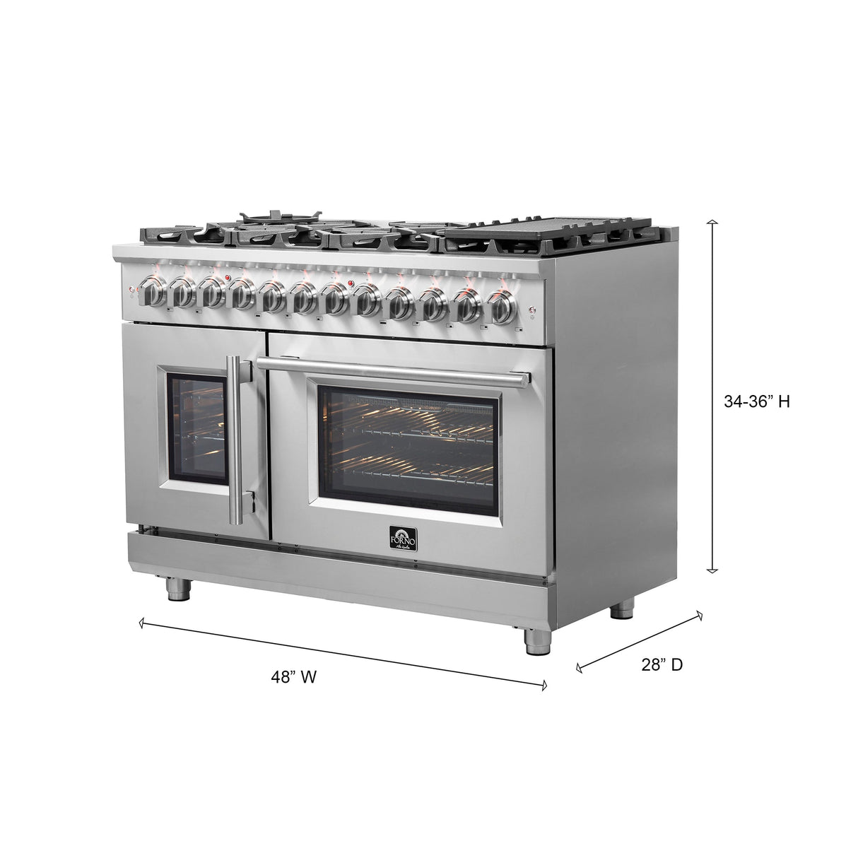 Forno Massimo Freestanding French Door Dual Fuel Range, True Convection Oven