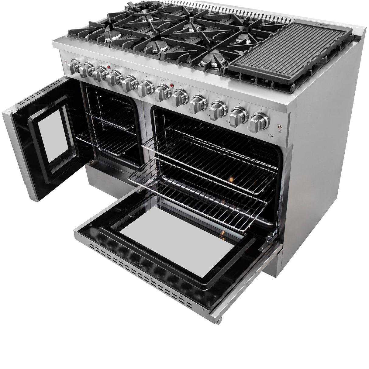 FORNO Galiano 48-Inch French Door Dual Fuel Range All Stainless Steel, 8 Sealed Burners, 107,000 BTU, Griddle, 6.58 cu.ft. Double Ovens