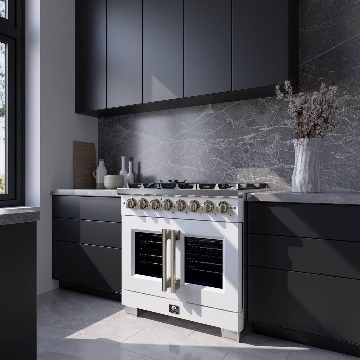 Forno Capriasca Freestanding French Door Dual Fuel Range with Antique Brass Accessories, True Convection Oven