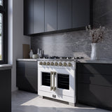 Forno Capriasca Freestanding French Door Dual Fuel Range with Antique Brass Accessories, True Convection Oven
