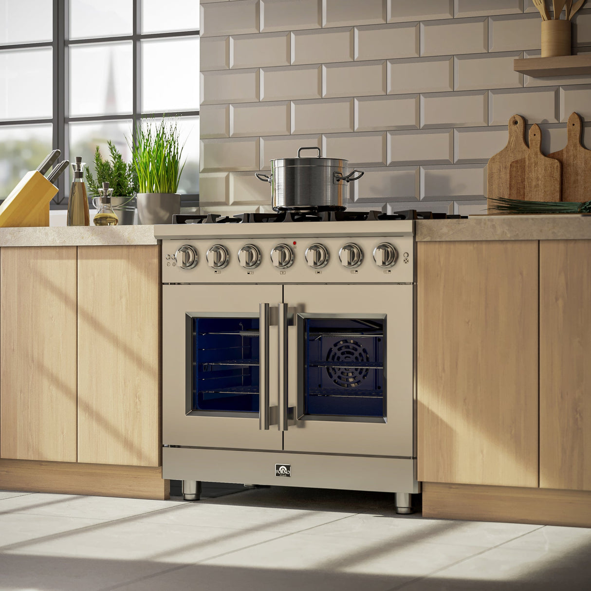 Forno Massimo Freestanding French Door Gas Range, Convection Oven, Energy Efficient