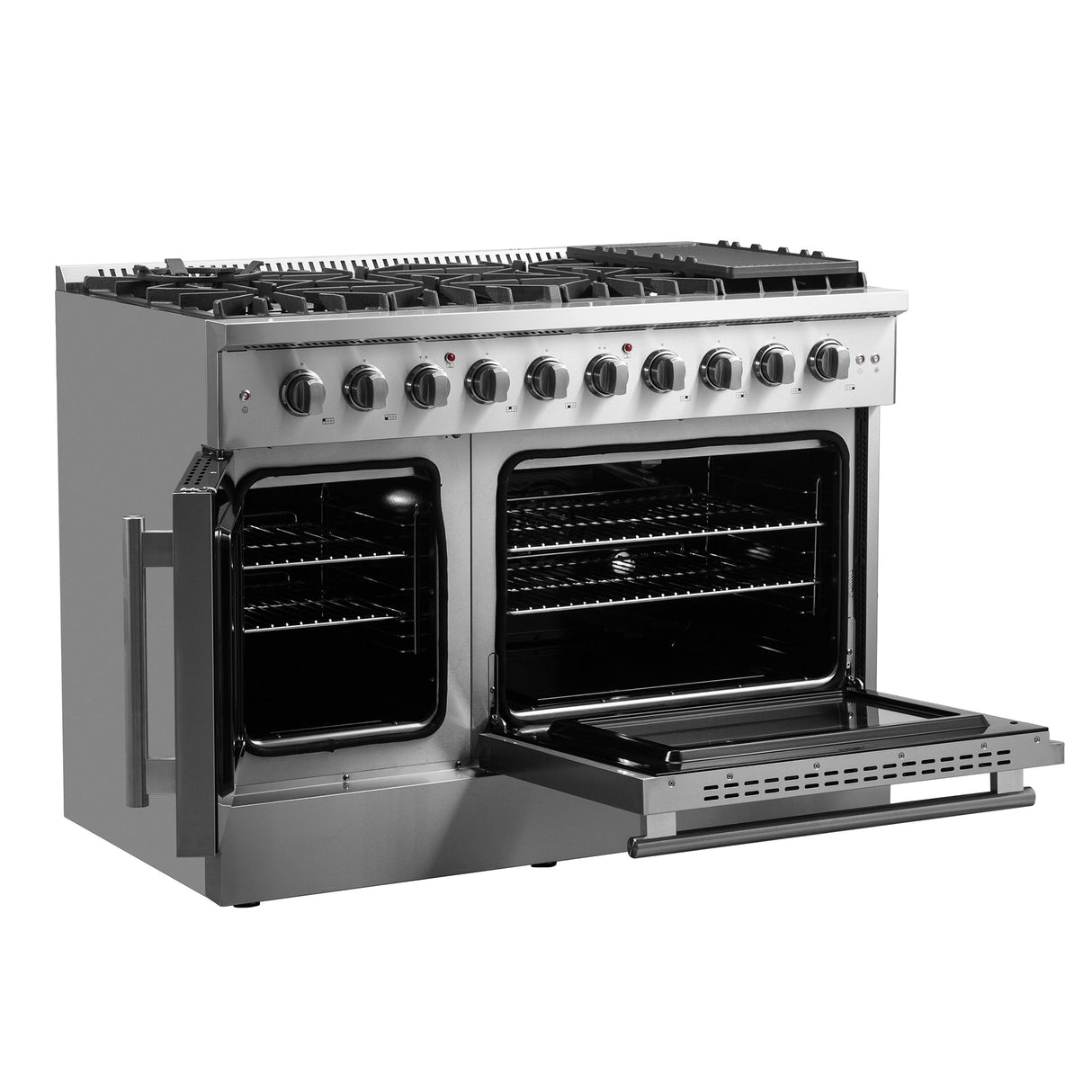 Forno Galiano 48-Inch Freestanding French Door Gas Range, 8 Burners, Griddle, Convection Oven