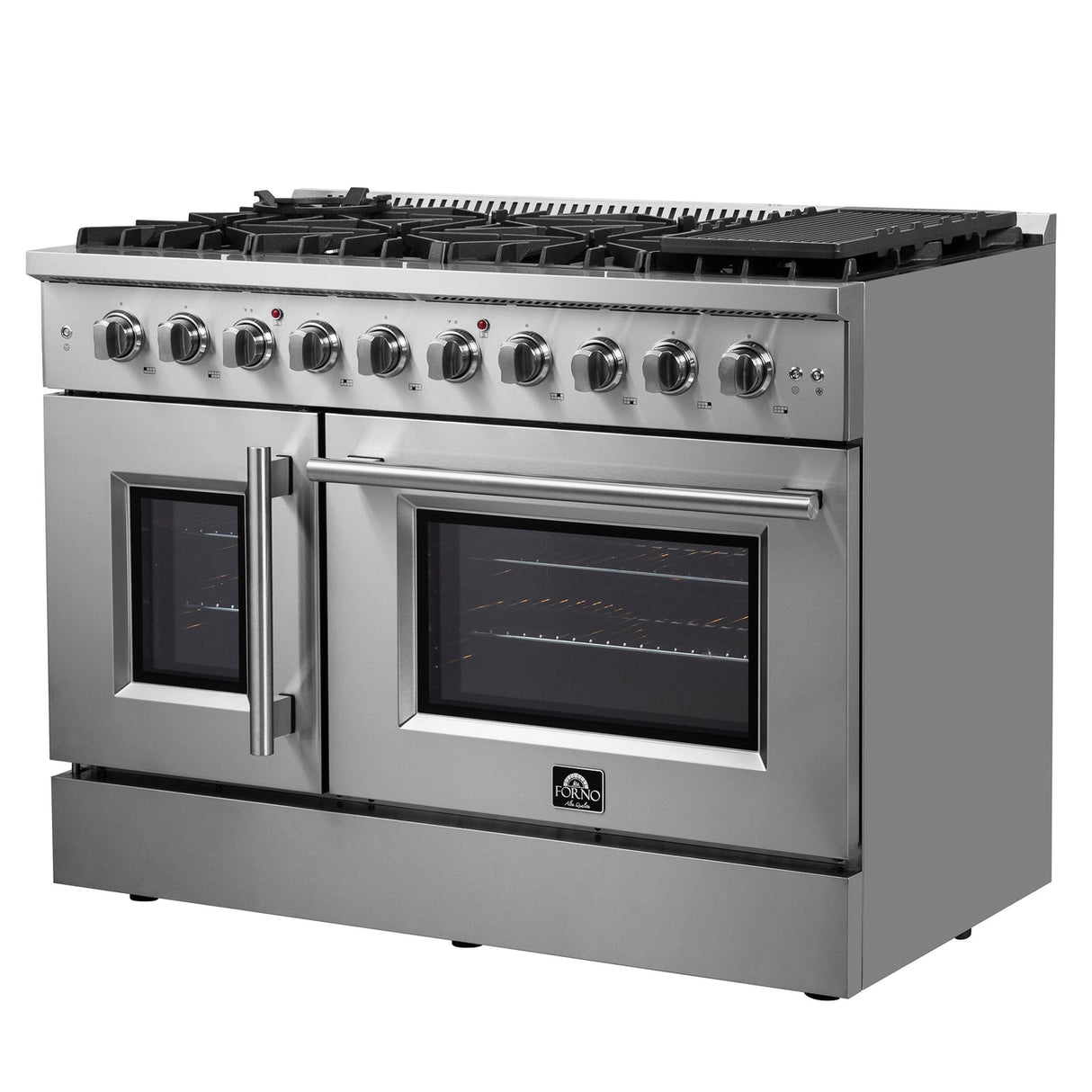 Forno Galiano 48-Inch Freestanding French Door Gas Range, 8 Burners, Griddle, Convection Oven