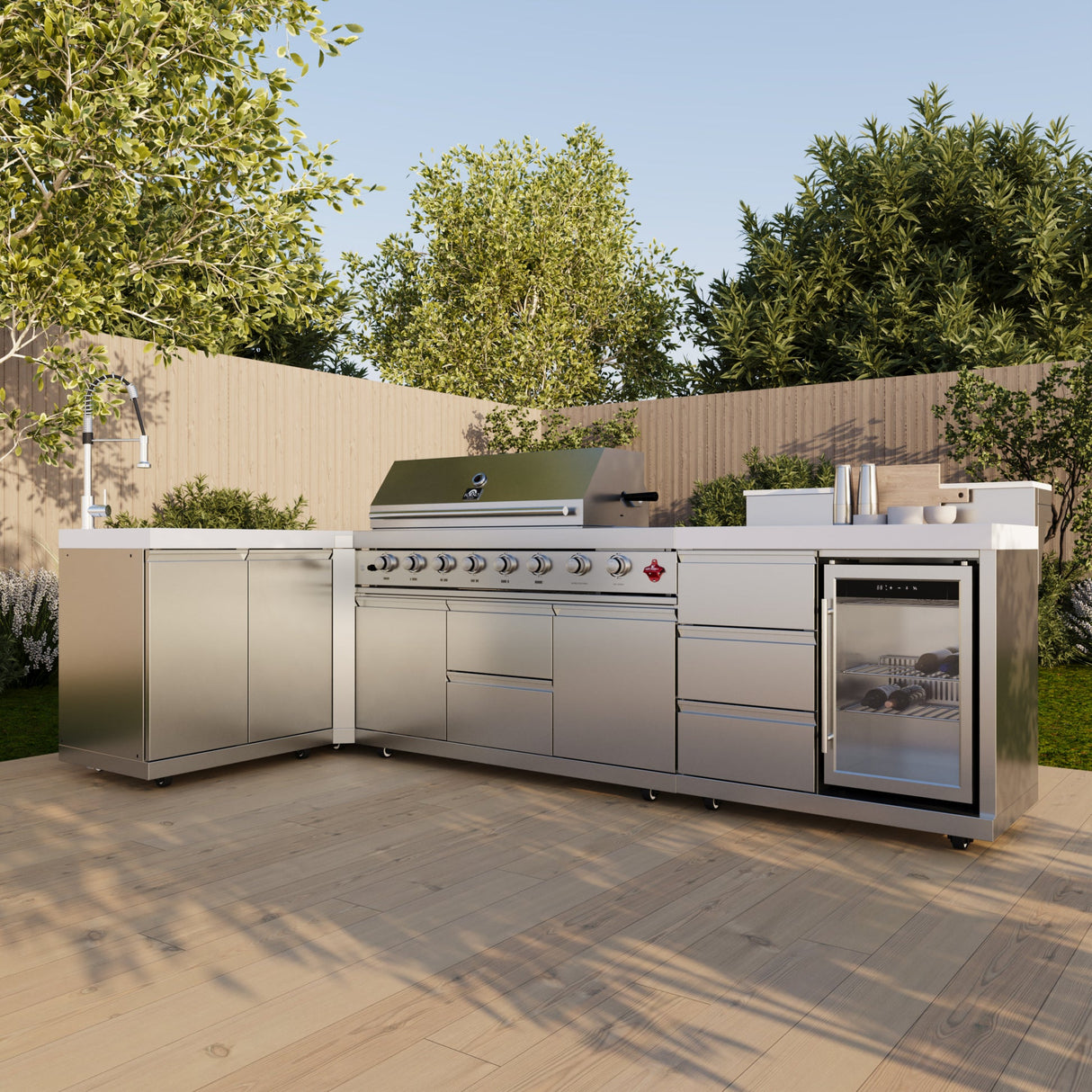 Forno Bulnes 40" BBQ Outdoor Kitchen – 95,000 BTU, 5 Burners, Infrared Sear & Rotisserie, Beverage Center & White Sintered Stone Countertops