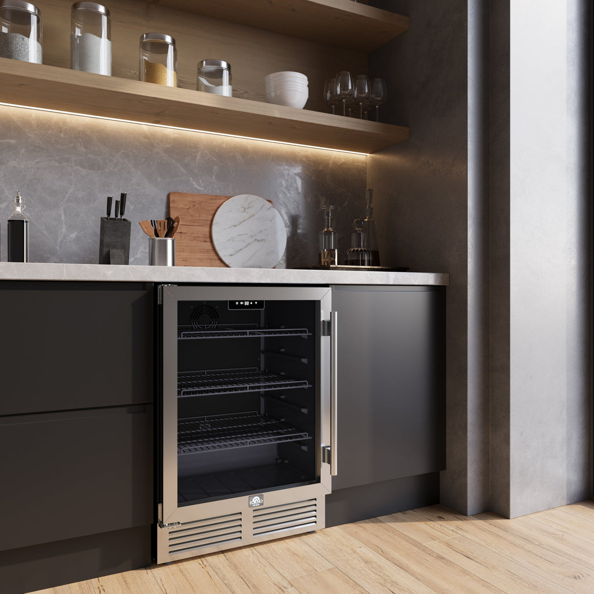 Forno Frescolino 24" Beverage Cooler – Stainless Steel, 188 Can Capacity, LED Lighting, Triple Glass Door, Built-In or Freestanding