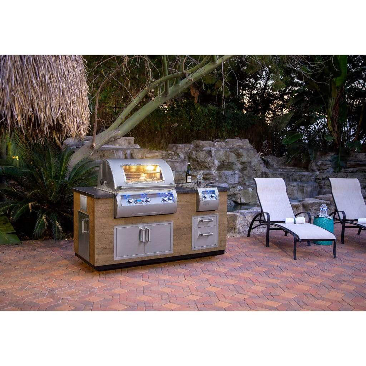 Fire Magic 77" Reclaimed Wood Island System w/ Polished Black Lava Counter & Double Drawer Cutout