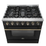 Forno Galiano 36-inch Freestanding Gas Range with Antique Brass Design, 6 Burners, Convection Oven