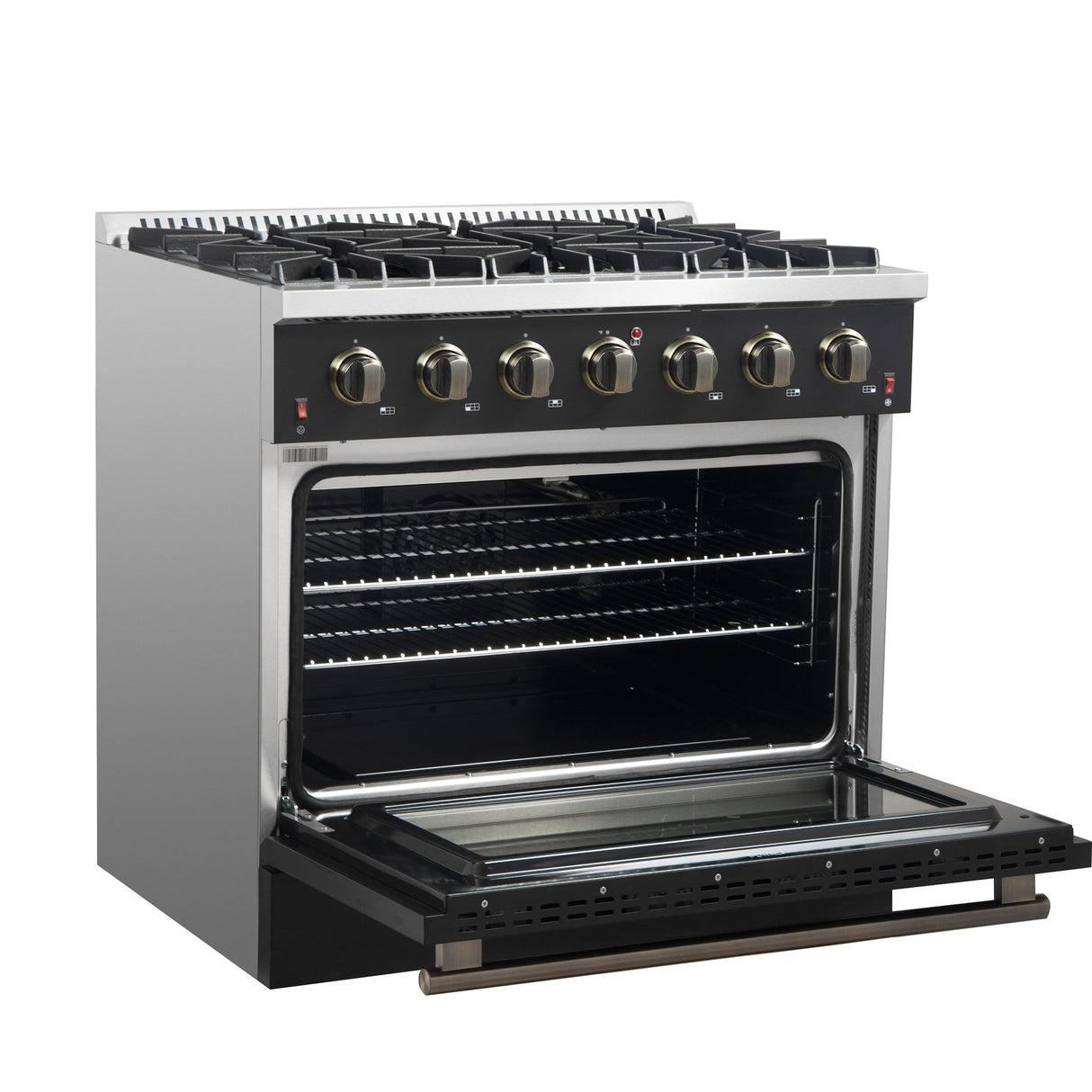 Forno Galiano 36-inch Freestanding Gas Range with Antique Brass Design, 6 Burners, Convection Oven