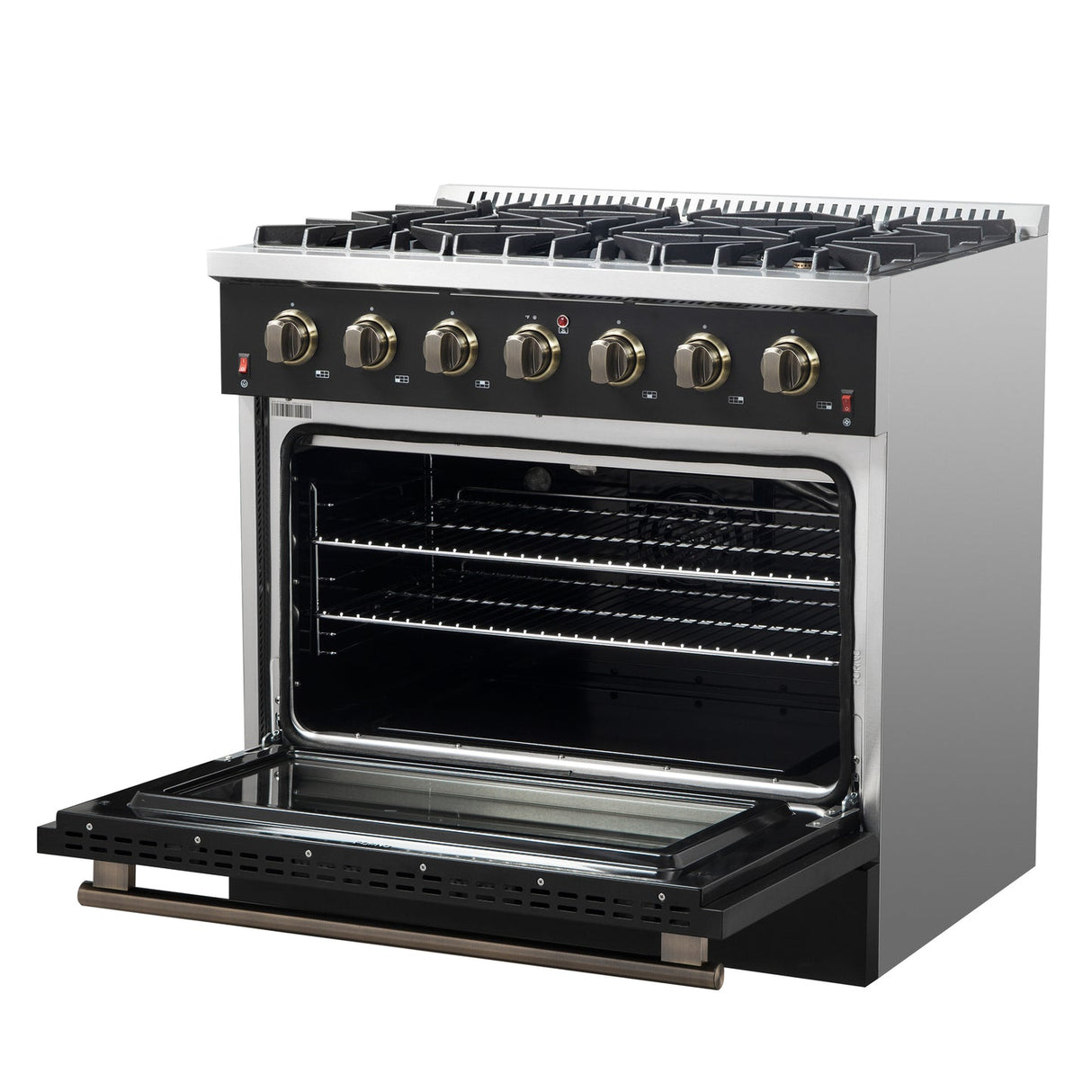 Forno Galiano 36-inch Freestanding Gas Range with Antique Brass Design, 6 Burners, Convection Oven