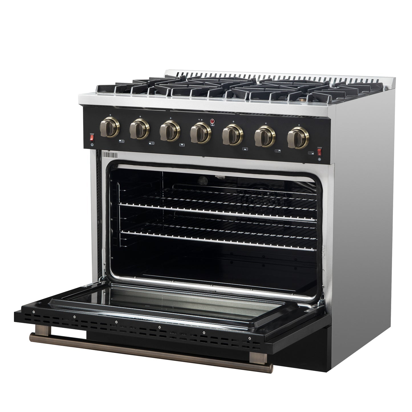Forno Galiano 36-inch Freestanding Gas Range with Antique Brass Design, 6 Burners, Convection Oven