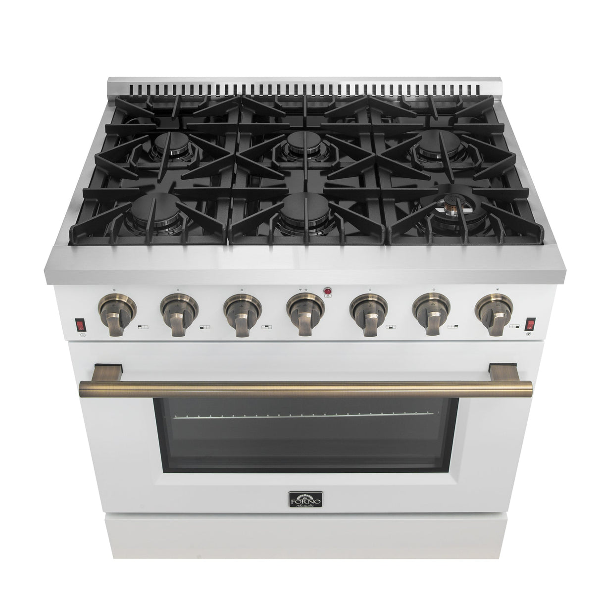 Forno Galiano 36-inch Freestanding Gas Range with Antique Brass Design, 6 Burners, Convection Oven